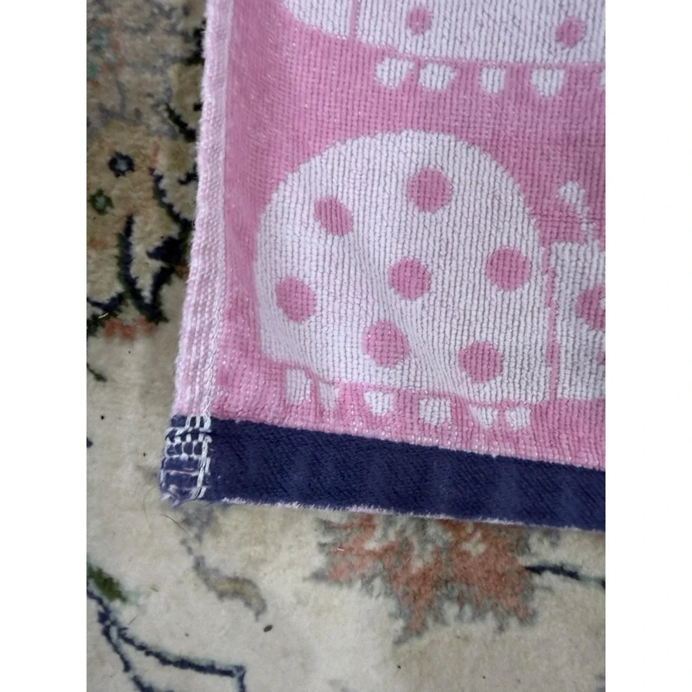 VTG Pottery Barn Kids Ladybug Beach Towel Pink Navy Blue Trim 2017